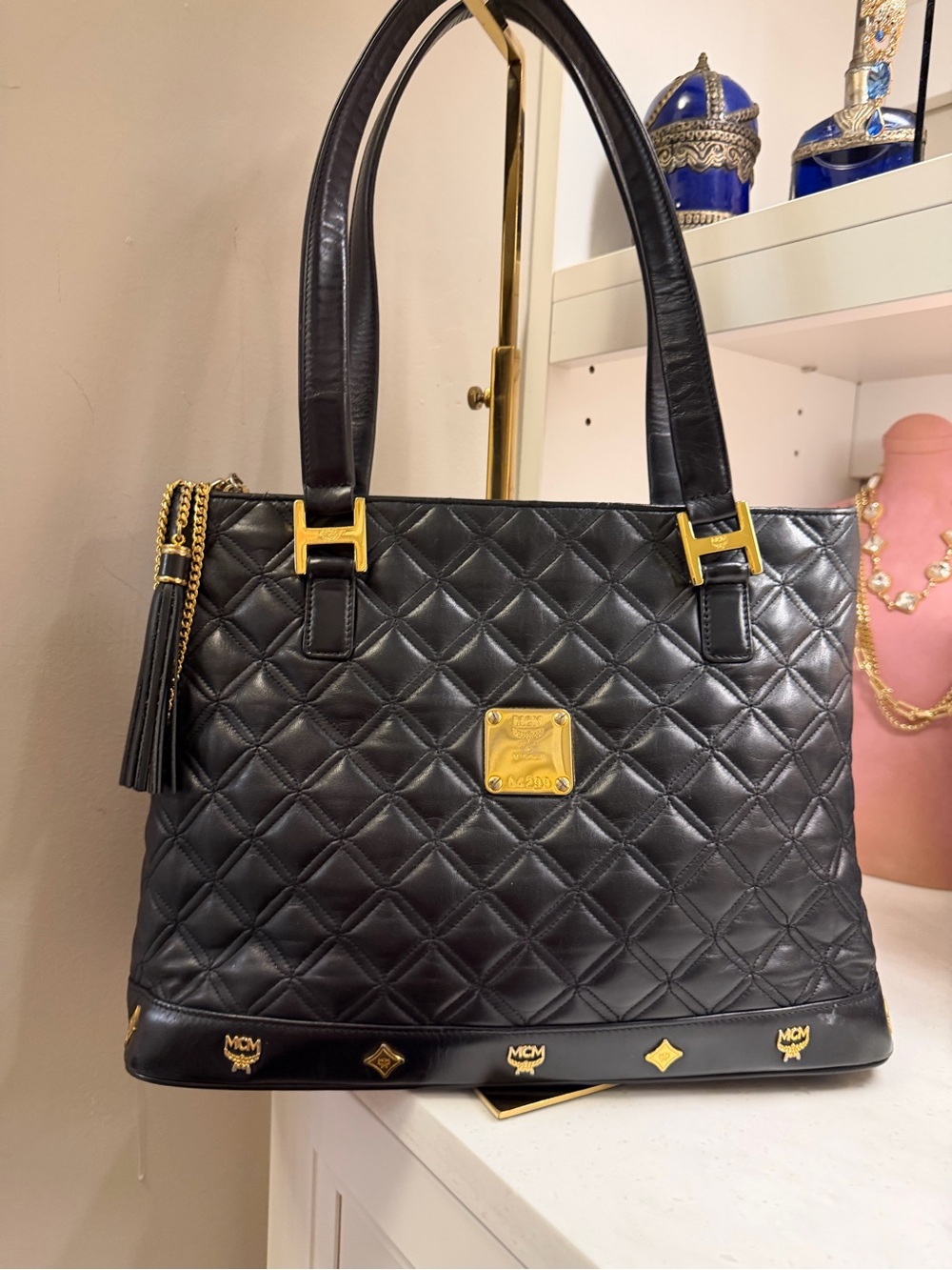 MCM Black Quilted Leather Shoulder Bag with Gold Accents